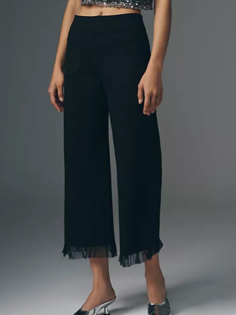 Maeve Colette Tulle Ruffle Wide Leg Crop Party Pants Whimsigoth Black - 26